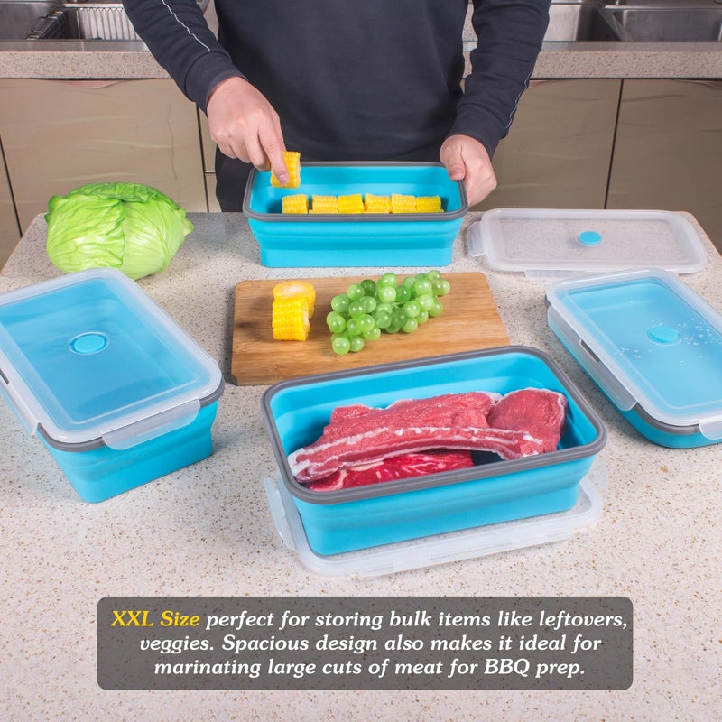 Annaklin Extra Large Collapsible Food Storage Containers with Lid & Air Vent, 81 oz, 4 Pack, XXL Collapsible Marinade Container BBQ Prep Foldable Silicone Containers, Microwave Freezer Dishwasher Safe, Blue - Image 2