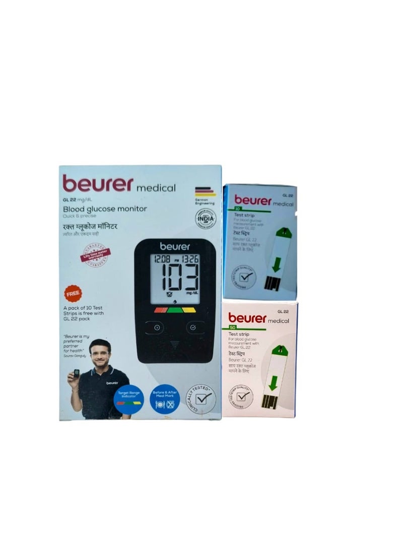 Beurer GL 22 Blood Glucose Monitor  Bundle with 50 Test Strips + Free 10 Test Strips | Sugar Test Glucometer Kit - Image 1