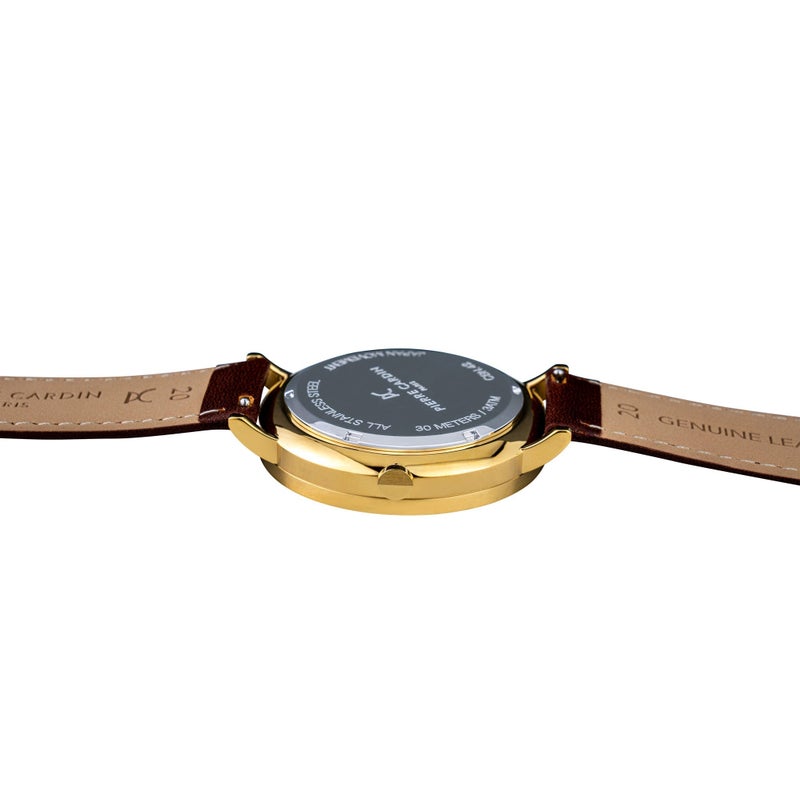 PIERRE CARDIN CBN.3022 MEN'S ELEGANT GOLD STAINLESS STEEL WATCH - BROWN LEATHER BAND - Image 4
