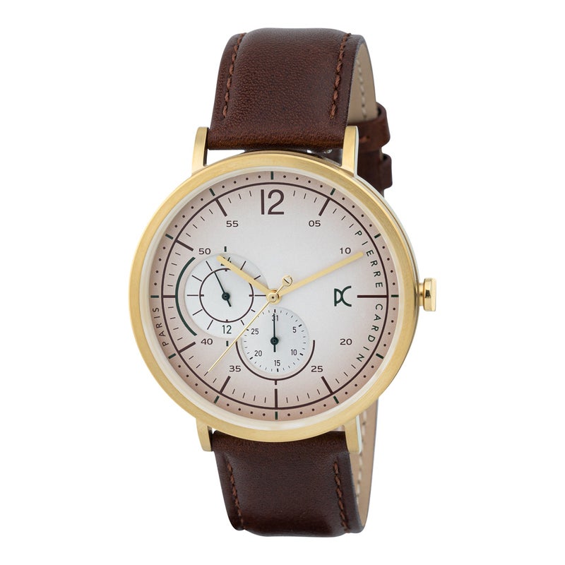 PIERRE CARDIN CBN.3022 MEN'S ELEGANT GOLD STAINLESS STEEL WATCH - BROWN LEATHER BAND - Image 1