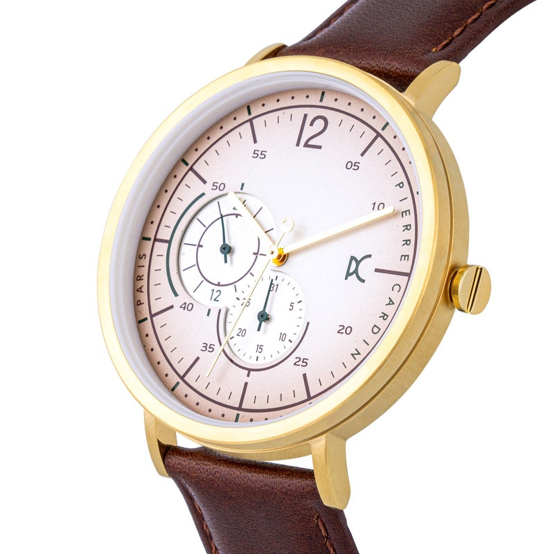 PIERRE CARDIN CBN.3022 MEN'S ELEGANT GOLD STAINLESS STEEL WATCH - BROWN LEATHER BAND - Image 2