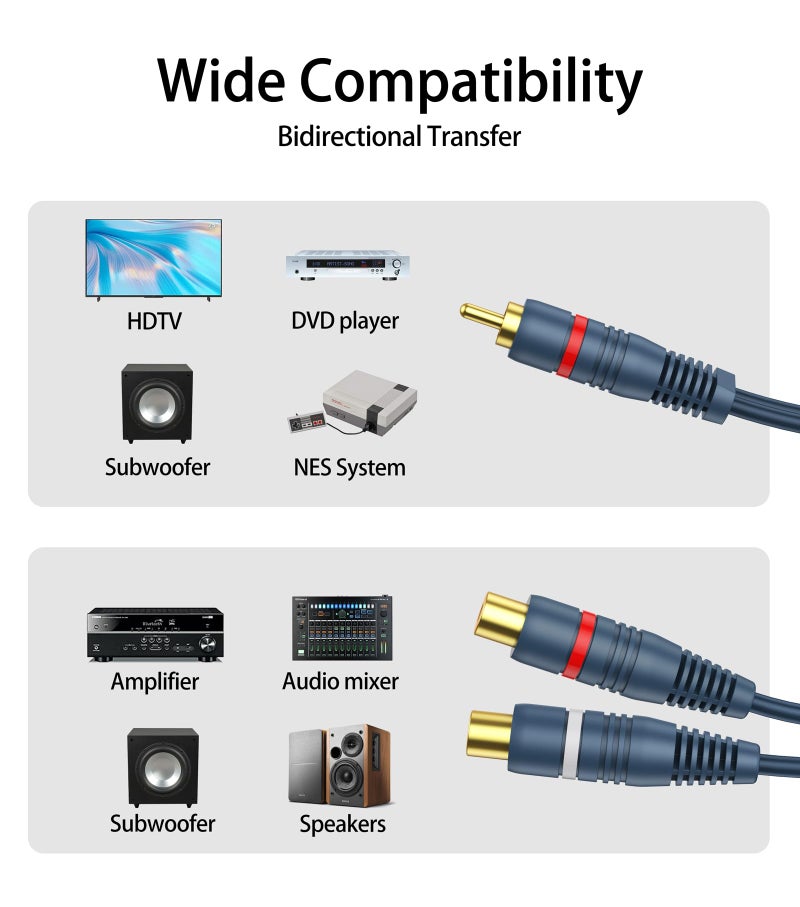 DteeDck RCA Splitter 1 Male 2 Female 2 Pack, RCA Y Splitter Cable Audio Video Adapter Extension Cord 0.2m/8inch for Subwoofer Speakers - Image 4