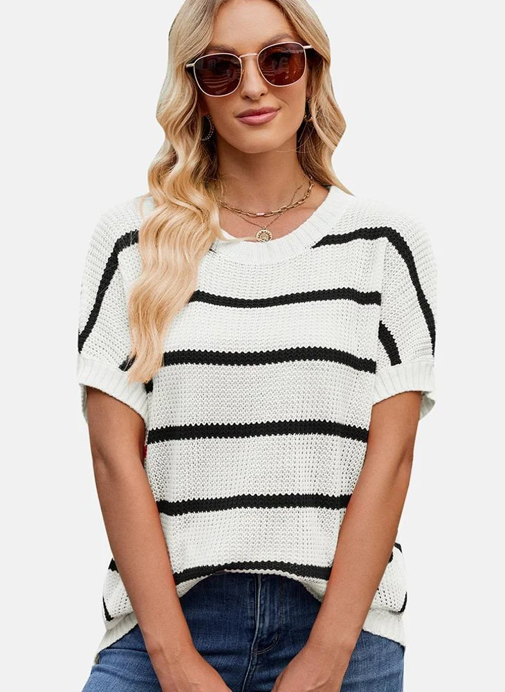 YUNIQEE White Round Neck Striped Top