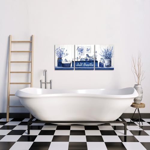 RnnJoile Navy Blue Bathroom Decor Botanical Butterflies Wall Art Just Breathe Sign Canvas Painting for Home Bathroom Decorations 12"x16" Each - Image 3