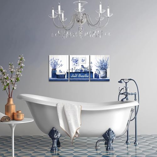 RnnJoile Navy Blue Bathroom Decor Botanical Butterflies Wall Art Just Breathe Sign Canvas Painting for Home Bathroom Decorations 12"x16" Each - Image 5