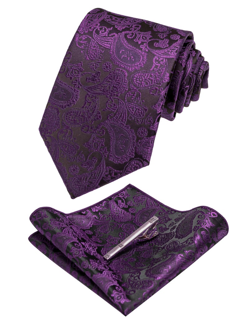 JEMYGINS Purple Paisley Tie Wedding Business Silk Necktie and Pocket Square, Hankerchief with Tie Clip Sets for Men(3) - Image 2