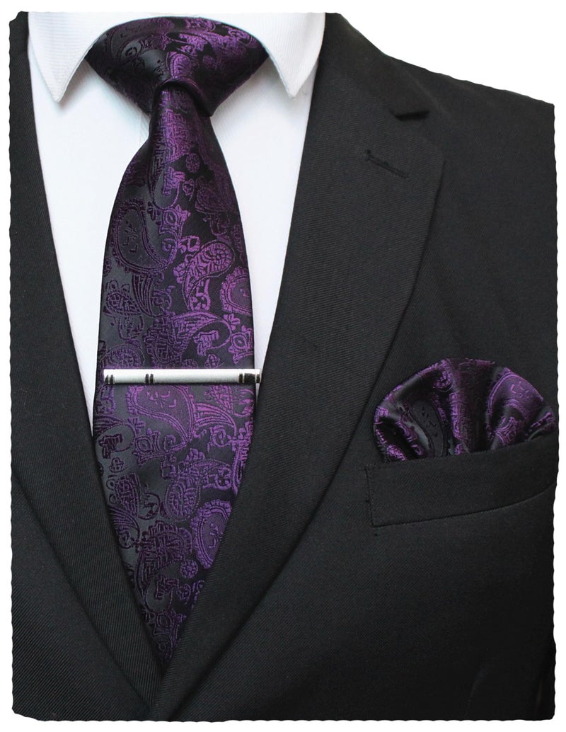 JEMYGINS Purple Paisley Tie Wedding Business Silk Necktie and Pocket Square, Hankerchief with Tie Clip Sets for Men(3) - Image 1
