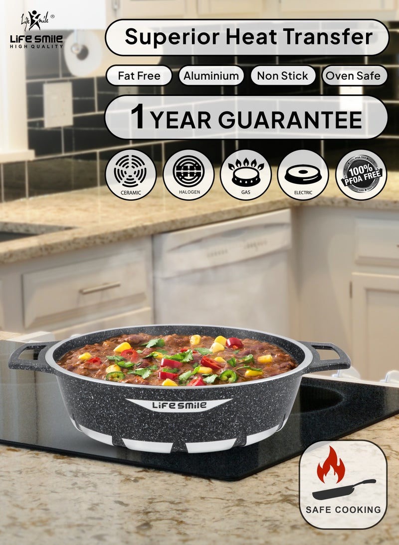 LIFE SMILE Shallow Pot with Lid | Multi Layer Non Stick Granite Coating 100% PFOA FREE | Oven Safe Frying Pan | Easy To Clean | Scratch Resistant (36 CM (7.8 Liters), Grey)