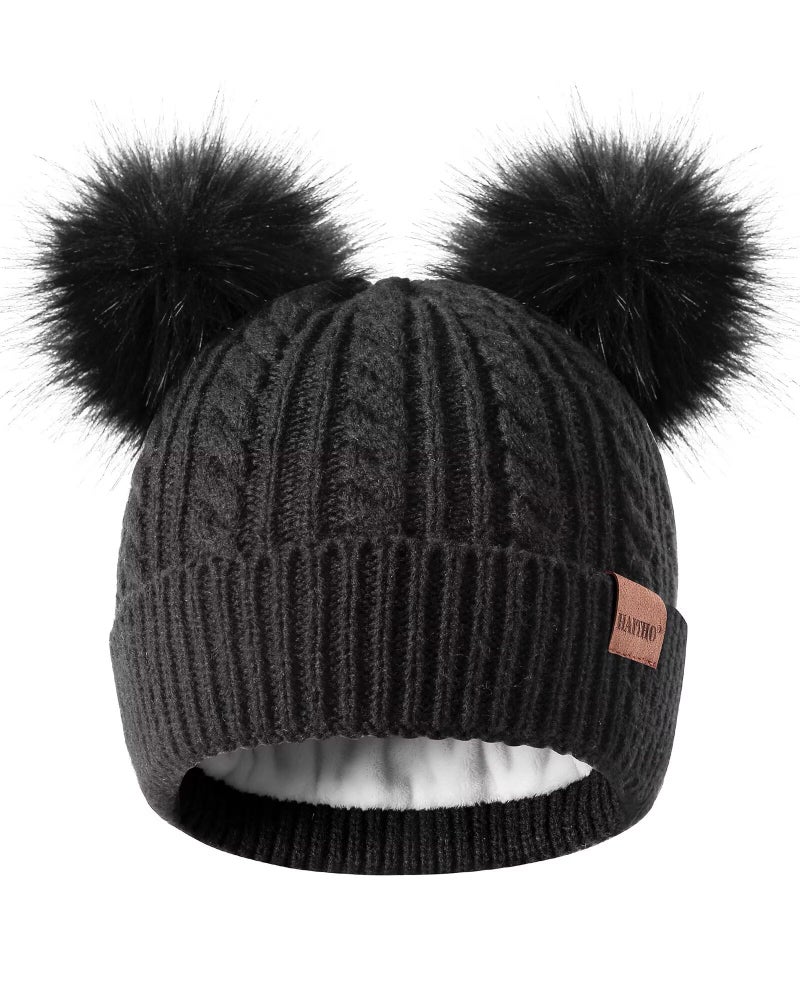HAITHO Winter Hat for Kids Toddler Children, Girls Beanie with Double Pom Pom Warm Thick Thermal Fleece Lined, Girls Accessories Cute Knit Beanies Cap for Cold Weather Black - Image 1