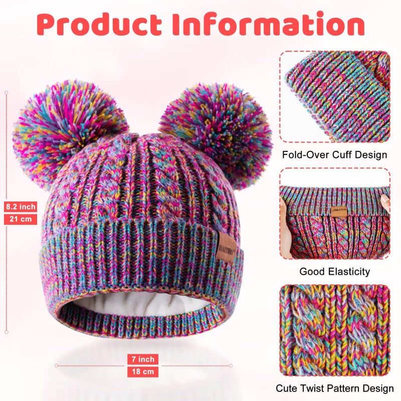 HAITHO Winter Hat for Kids Toddler Children, Girls Beanie with Double Pom Pom Warm Thick Thermal Fleece Lined, Girls Accessories Cute Knit Beanies Cap for Cold Weather Black - Image 2