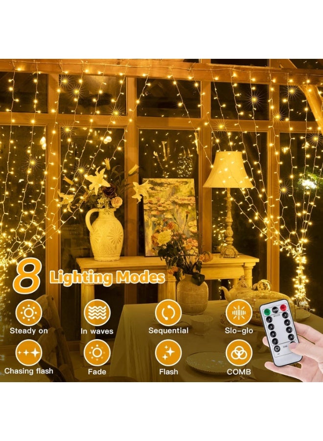 مصابيح ستائر خيطية، 300 مصباح LED، مقاس 3 × 3 أمتار، 8 أوضاع إضاءة، تعمل بمنفذ USB، مقاومة للماء، مع جهاز تحكم عن بعد و10 خطافات، مناسبة لتزيين رمضان وحفلات الزفاف (أبيض دافئ) - Image 2