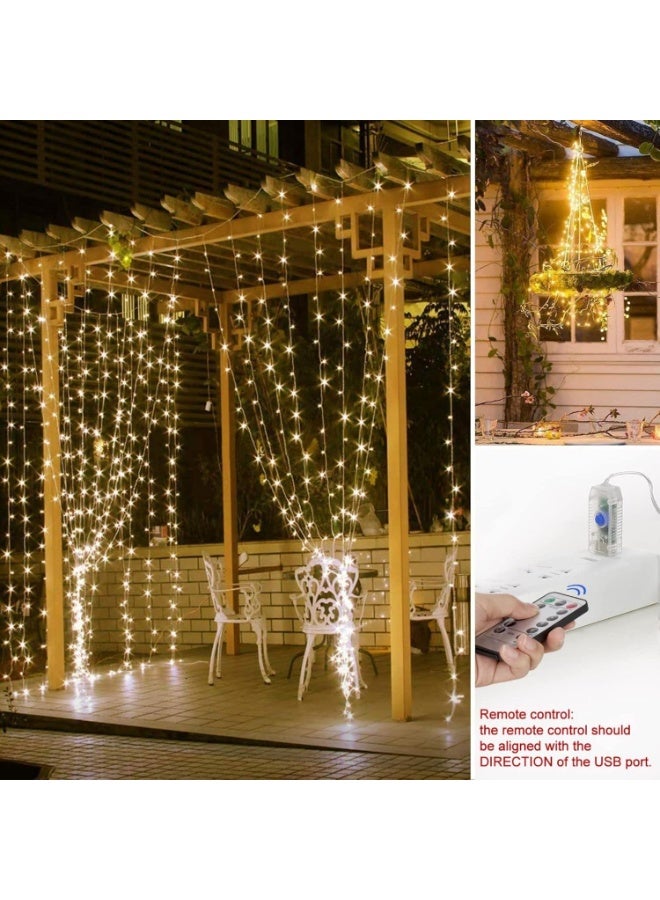 مصابيح ستائر خيطية، 300 مصباح LED، مقاس 3 × 3 أمتار، 8 أوضاع إضاءة، تعمل بمنفذ USB، مقاومة للماء، مع جهاز تحكم عن بعد و10 خطافات، مناسبة لتزيين رمضان وحفلات الزفاف (أبيض دافئ) - Image 5