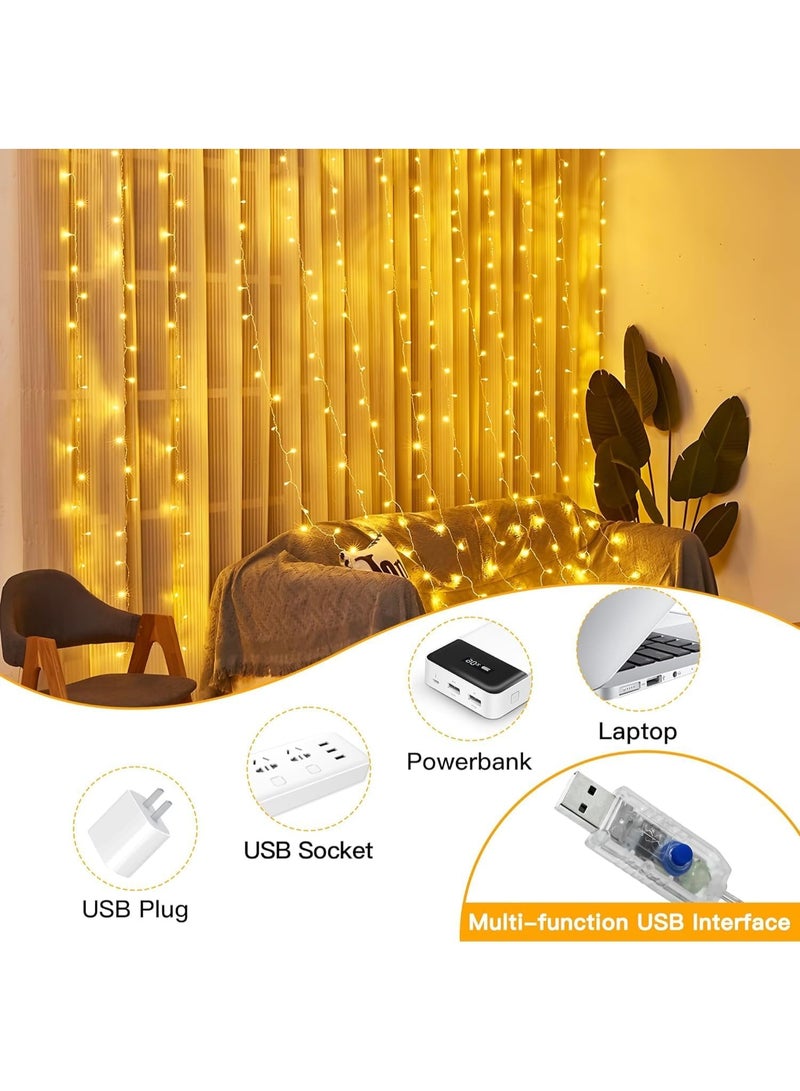 مصابيح ستائر خيطية، 300 مصباح LED، مقاس 3 × 3 أمتار، 8 أوضاع إضاءة، تعمل بمنفذ USB، مقاومة للماء، مع جهاز تحكم عن بعد و10 خطافات، مناسبة لتزيين رمضان وحفلات الزفاف (أبيض دافئ) - Image 3