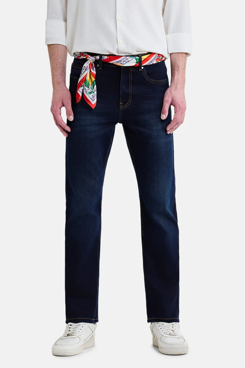 SNITCH Navy Blue Solid Straight Fit Casual Jeans