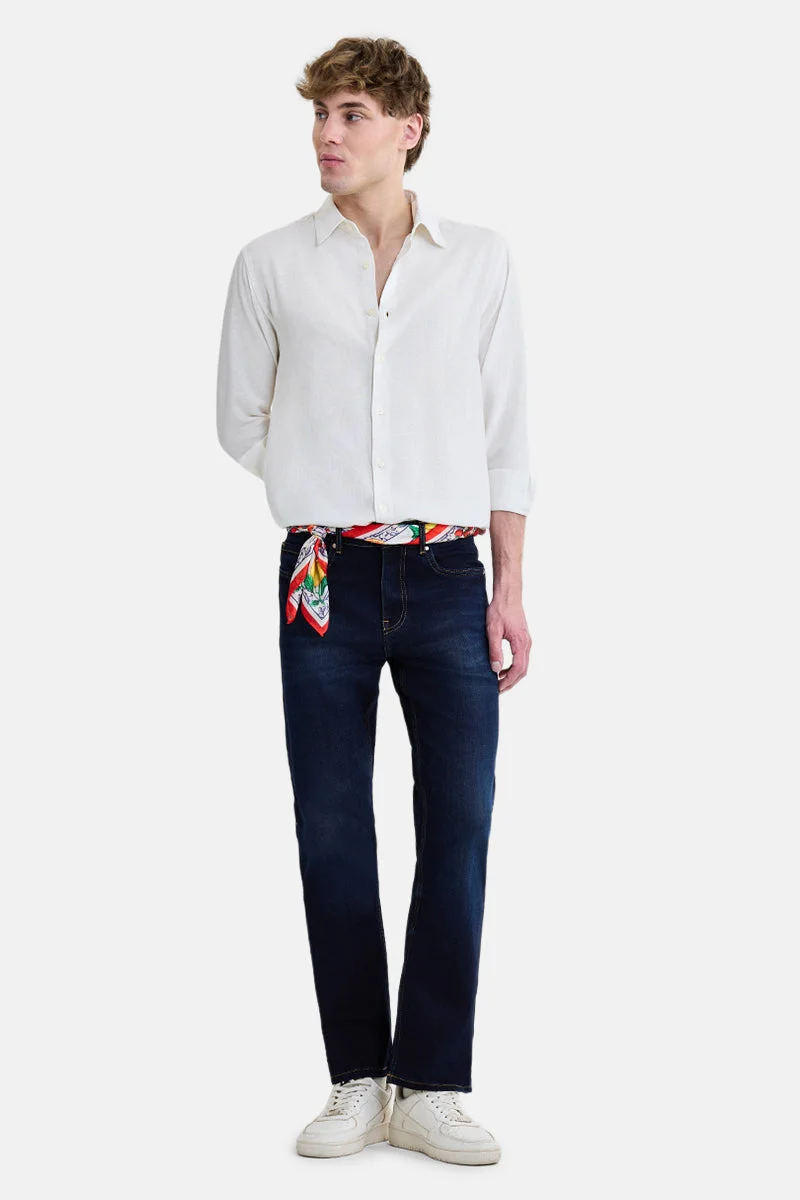SNITCH Navy Blue Solid Straight Fit Casual Jeans
