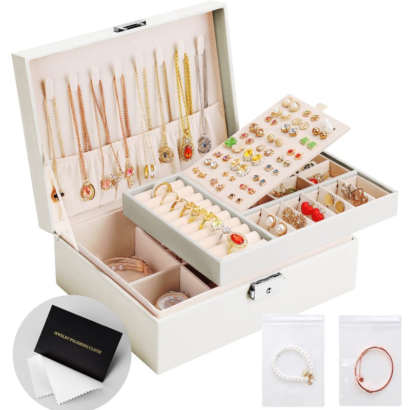 Jewelry Box Organizer for Women Girls 2 Layer Leather Travel Jewelry Storage Case with Lock and Removable Tray for Necklace Earrings Rings Bracelets Gift Come with Polishing Cloth and Jewelry Bags
