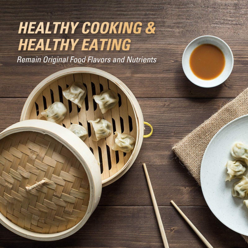 MacaRio Bamboo Steamer Basket Set 10 inch Steamer for Cooking, with Side Handles Chopsticks Ceramic Sauce Dishes Paper Liners, for Dim Sum Dumplings Buns Seafoods Rice Asian Foods - Image 2