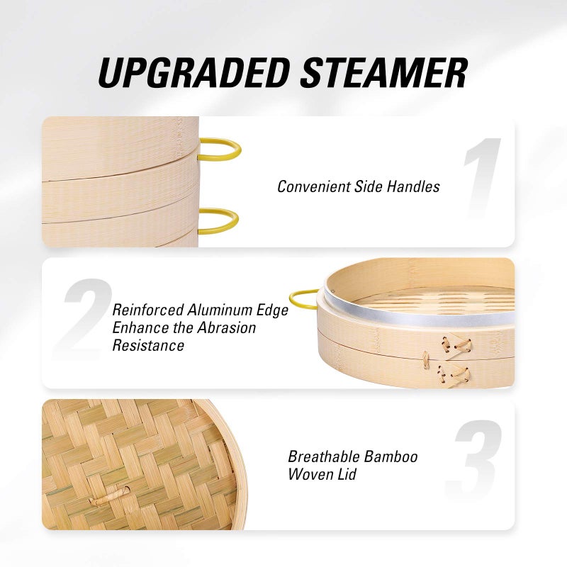 MacaRio Bamboo Steamer Basket Set 10 inch Steamer for Cooking, with Side Handles Chopsticks Ceramic Sauce Dishes Paper Liners, for Dim Sum Dumplings Buns Seafoods Rice Asian Foods - Image 4