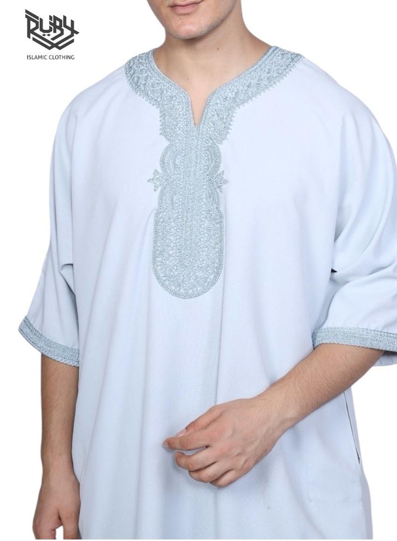 روبي للملابس الإسلامية ثوب مغربي للرجال - قفطان مزخرف برقبة دائرية وأكمام نصفية جلابية للرجال قندورة - Image 2