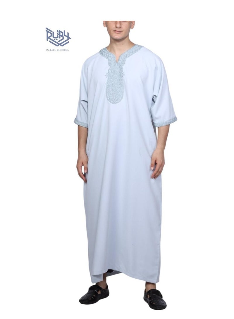 روبي للملابس الإسلامية ثوب مغربي للرجال - قفطان مزخرف برقبة دائرية وأكمام نصفية جلابية للرجال قندورة - Image 1