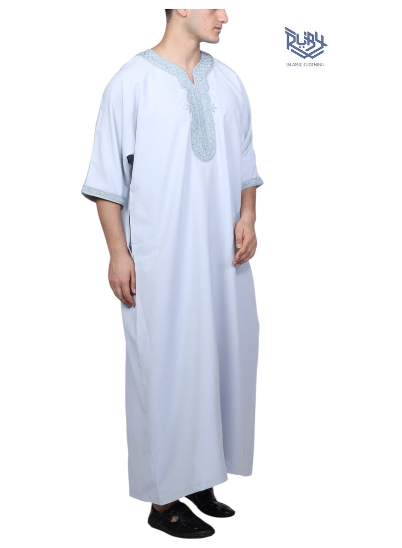 روبي للملابس الإسلامية ثوب مغربي للرجال - قفطان مزخرف برقبة دائرية وأكمام نصفية جلابية للرجال قندورة - Image 3