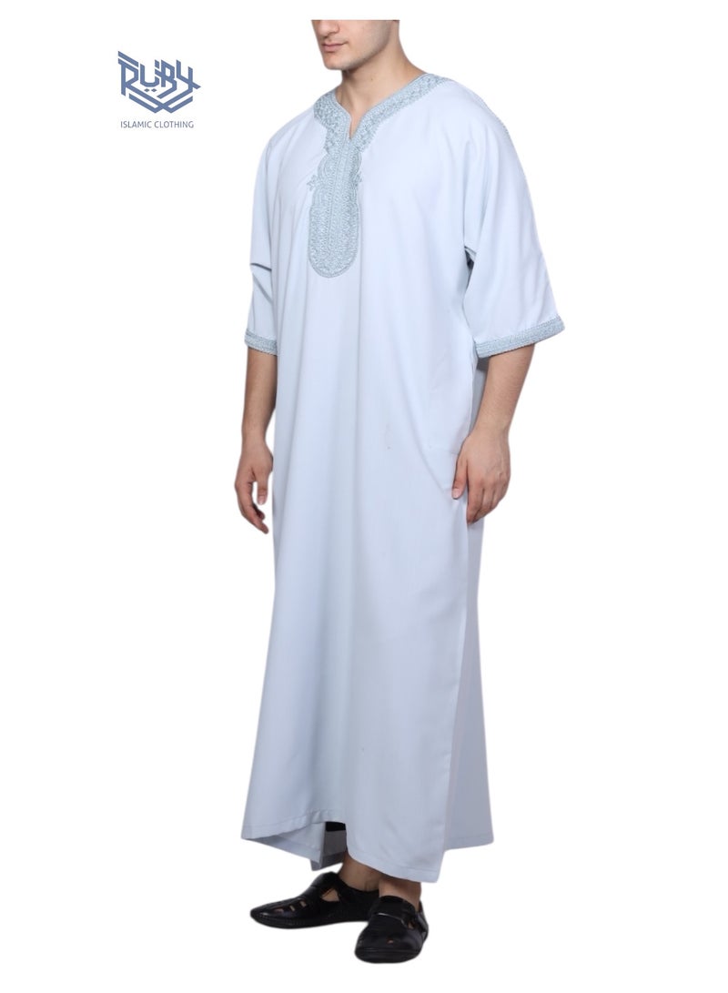 روبي للملابس الإسلامية ثوب مغربي للرجال - قفطان مزخرف برقبة دائرية وأكمام نصفية جلابية للرجال قندورة - Image 4