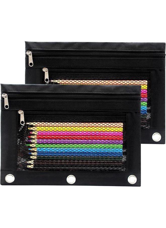 yongsheng Pencil Pouch 3 Ring Binder Pouch Zippered Pencil Case Canvas Pencil Bag with 2 Compartments (Set of 2, Black)  - Image 1