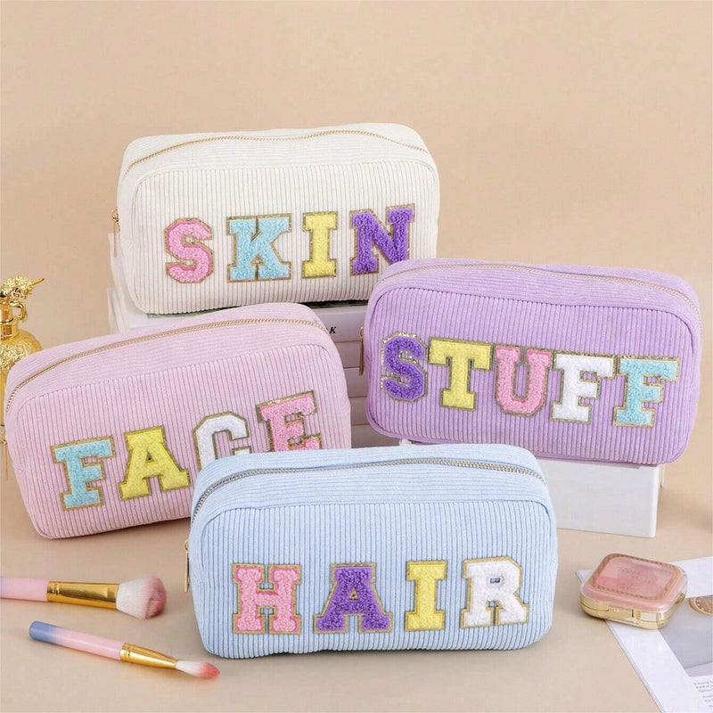 Corduroy Cosmetic Bag Letter Embroidery Storage Bag Portable Toiletry Bag Large Capacity Cosmetic Bag - Image 2