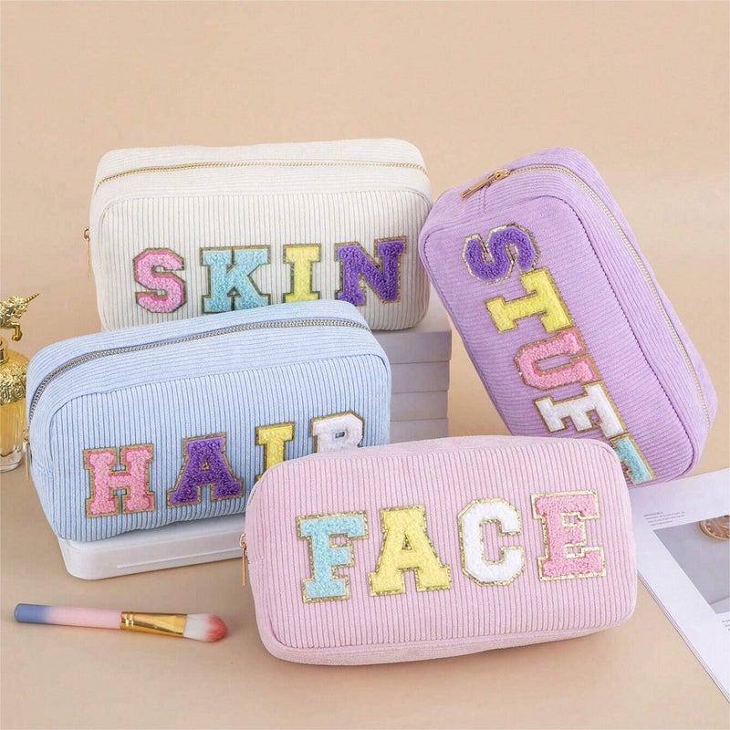 Corduroy Cosmetic Bag Letter Embroidery Storage Bag Portable Toiletry Bag Large Capacity Cosmetic Bag - Image 3