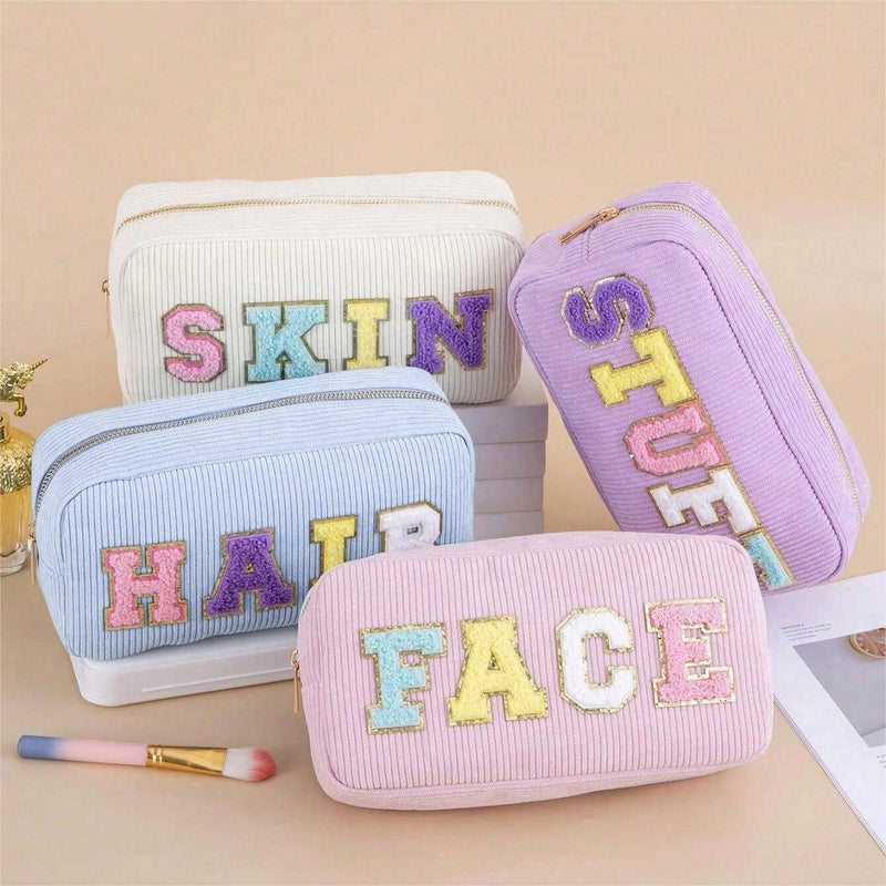 Corduroy Cosmetic Bag Letter Embroidery Storage Bag Portable Toiletry Bag Large Capacity Cosmetic Bag - Image 5