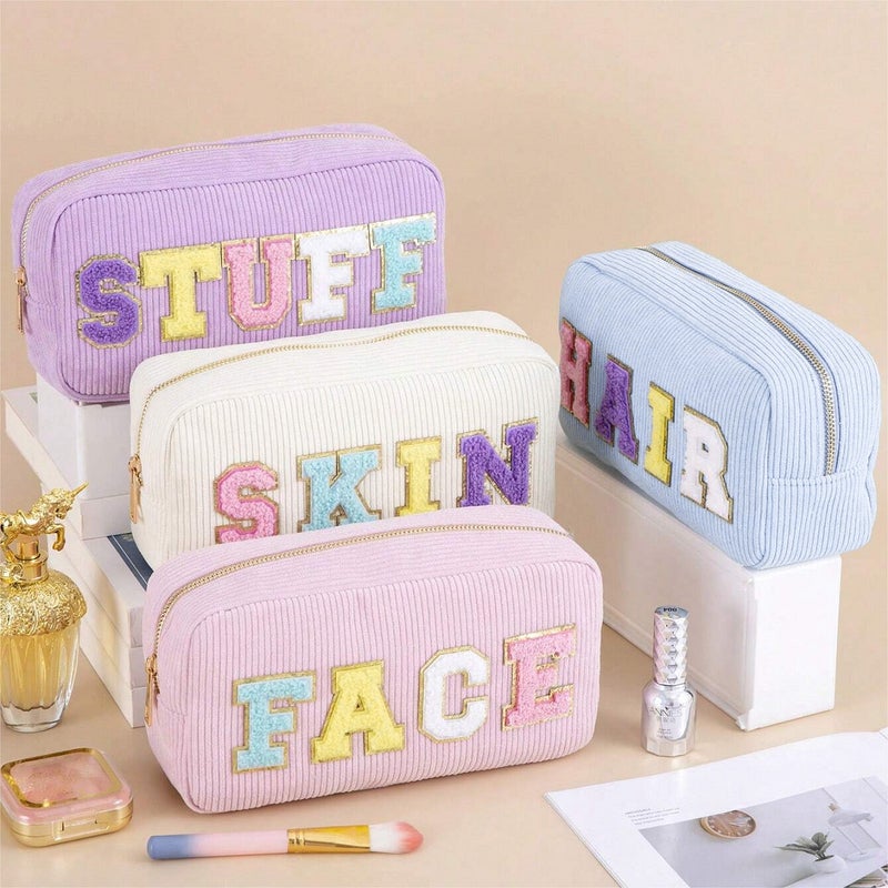 Corduroy Cosmetic Bag Letter Embroidery Storage Bag Portable Toiletry Bag Large Capacity Cosmetic Bag - Image 4