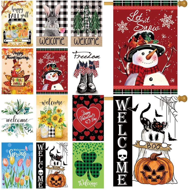 CDLong Seasonal Garden Flags Set of 12 Double Sided 28 x 40 Inch Yard Flags, Large House Flags for Outside, Fall Winter Halloween Christmas Outdoor Flags, Holiday Garden Flags for All Seasons - Image 1