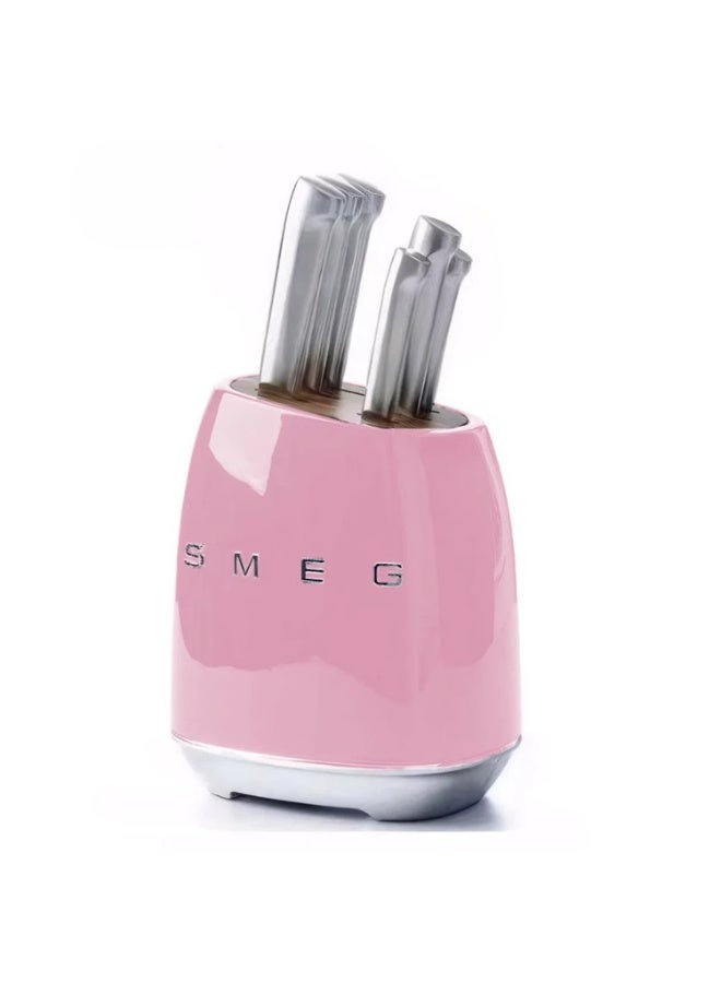 Smeg Knife Block, 6 Knives Included in Stainless Steel, Stainless Steel Block Body and Knife Slot, Acacia Wood, Pink - Image 1