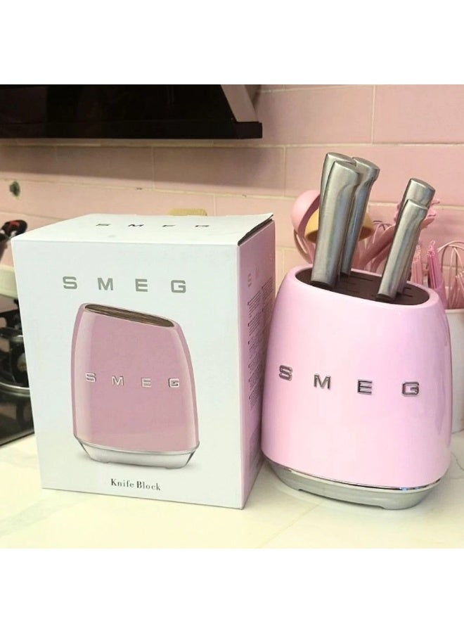Smeg Knife Block, 6 Knives Included in Stainless Steel, Stainless Steel Block Body and Knife Slot, Acacia Wood, Pink - Image 3