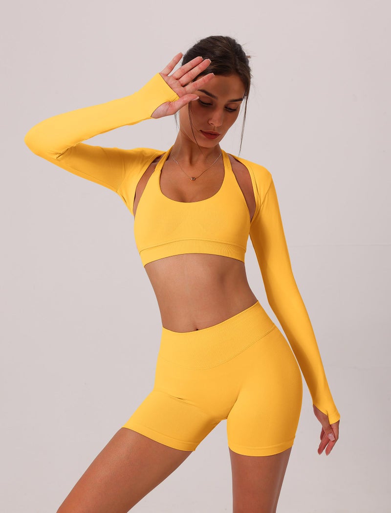 ABOCIW Workout Sets for Women 3 Piece Seamless Halter Sports Bra Scrunch Butt Lifting High Waist Biker Shorts Long Sleeve Bolero Shrug Gym Sets Yoga Pilates Outfits Yellow Small - Image 3