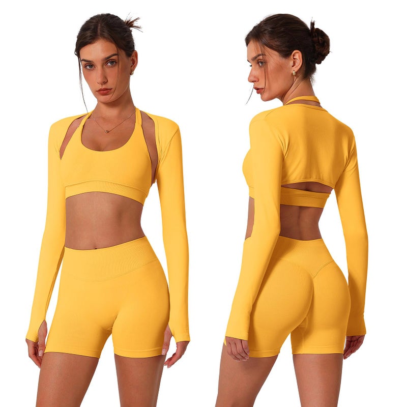 ABOCIW Workout Sets for Women 3 Piece Seamless Halter Sports Bra Scrunch Butt Lifting High Waist Biker Shorts Long Sleeve Bolero Shrug Gym Sets Yoga Pilates Outfits Yellow Small - Image 1