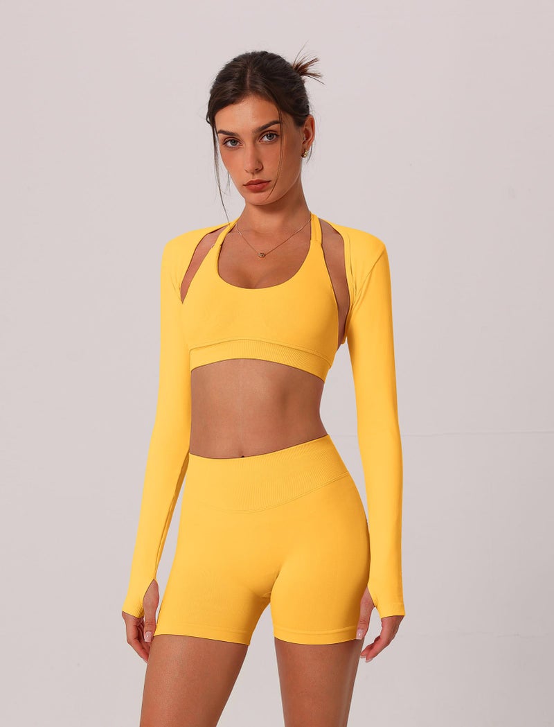 ABOCIW Workout Sets for Women 3 Piece Seamless Halter Sports Bra Scrunch Butt Lifting High Waist Biker Shorts Long Sleeve Bolero Shrug Gym Sets Yoga Pilates Outfits Yellow Small - Image 2