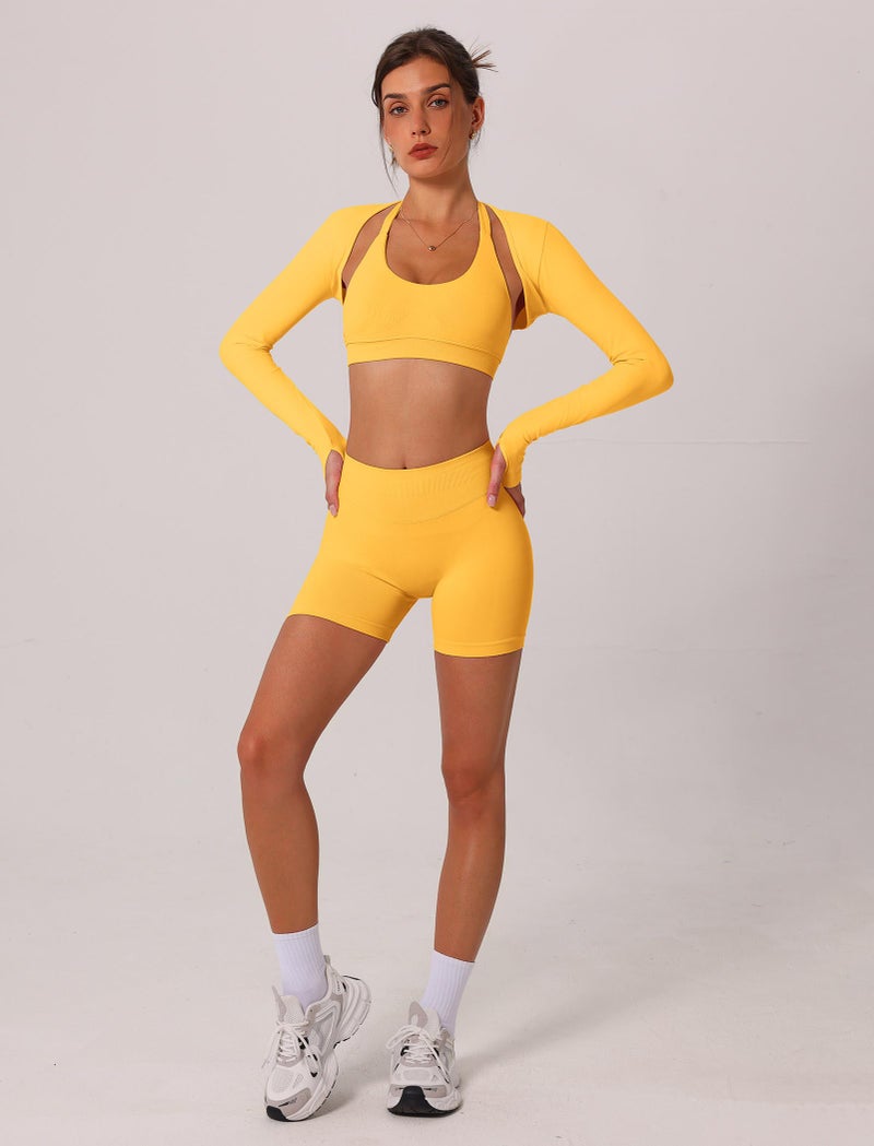 ABOCIW Workout Sets for Women 3 Piece Seamless Halter Sports Bra Scrunch Butt Lifting High Waist Biker Shorts Long Sleeve Bolero Shrug Gym Sets Yoga Pilates Outfits Yellow Small - Image 5