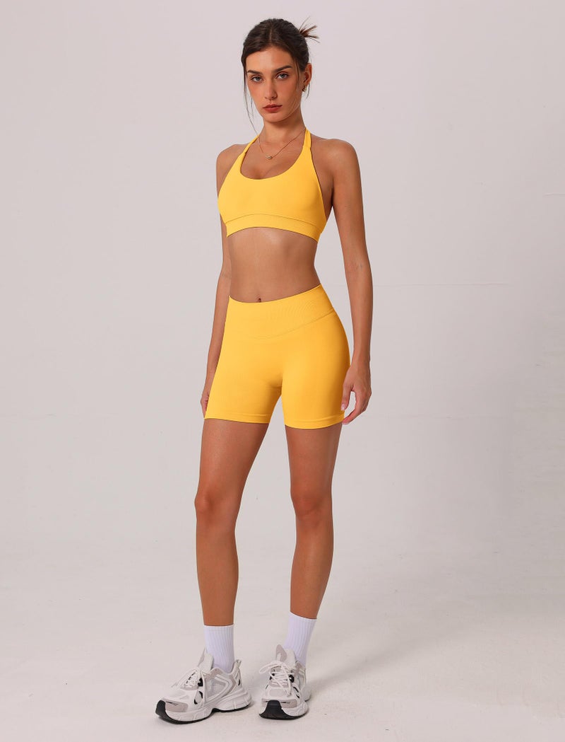 ABOCIW Workout Sets for Women 3 Piece Seamless Halter Sports Bra Scrunch Butt Lifting High Waist Biker Shorts Long Sleeve Bolero Shrug Gym Sets Yoga Pilates Outfits Yellow Small - Image 4