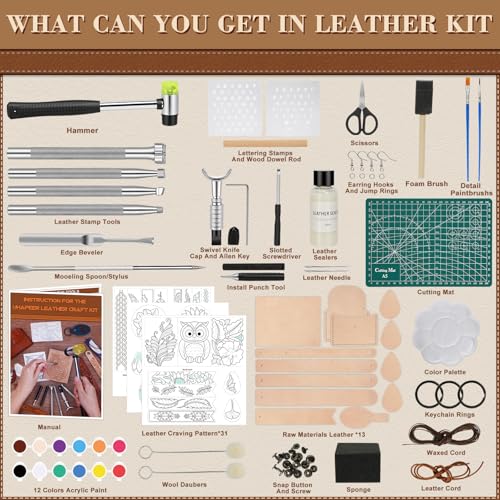 UHAPEER 88PCS Leather Crafting Kit: Leather Working Tools and Supplies for Adult, with Stamping Dyeing Carving Tools, Video Tutorial for Beginners to DIY Earring Wallet Keychain Wristband - Image 2