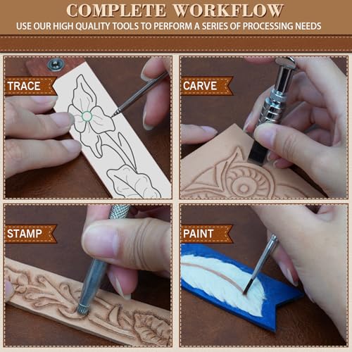 UHAPEER 88PCS Leather Crafting Kit: Leather Working Tools and Supplies for Adult, with Stamping Dyeing Carving Tools, Video Tutorial for Beginners to DIY Earring Wallet Keychain Wristband - Image 3
