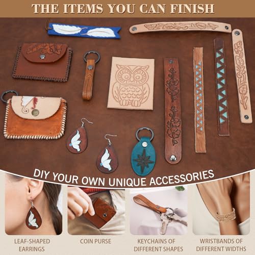UHAPEER 88PCS Leather Crafting Kit: Leather Working Tools and Supplies for Adult, with Stamping Dyeing Carving Tools, Video Tutorial for Beginners to DIY Earring Wallet Keychain Wristband - Image 4