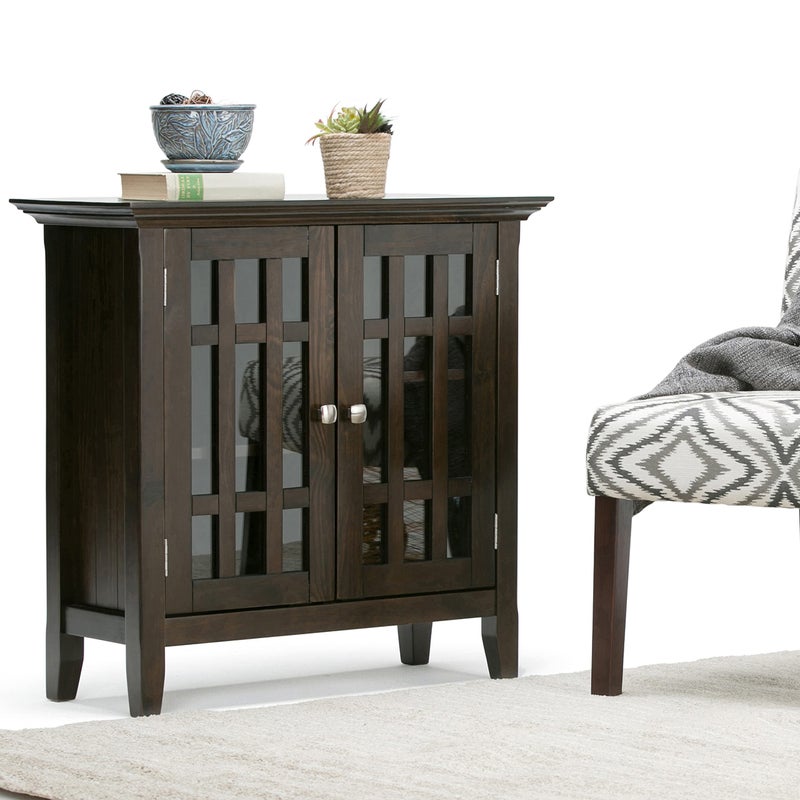 Simpli Home SIMPLIHOME Bedford SOLID WOOD 32 inch Wide Transitional Low Storage Media Cabinet in Dark Tobacco Brown for the Living Room Entryway and Family Room 