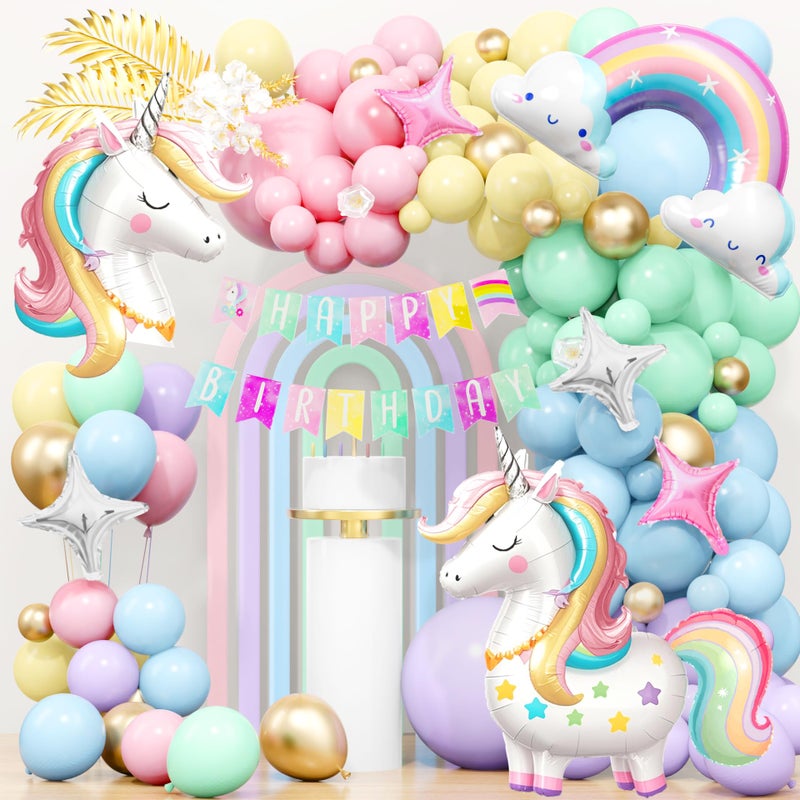 SNLN Unicorn Birthday Decorations for Girls Pastel Balloon Arch Kit Huge 3D Unicorns Balloons Banner Rainbow Star Foil Balloon Unicorn Party Decorations for Girl Kid Birthday Party Decor Supplies - Image 1