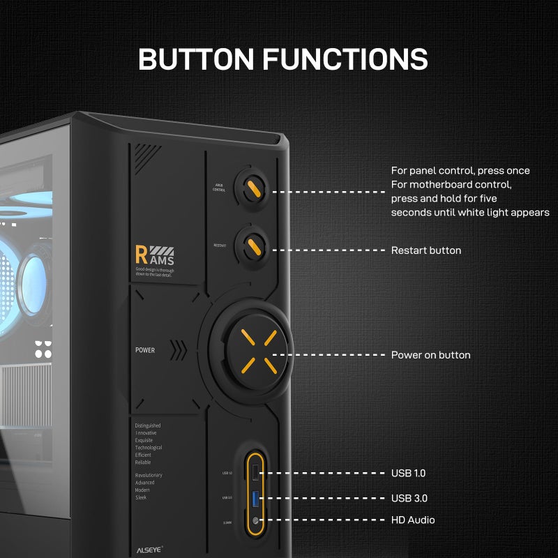 ALSEYE Rams2.0 Mid Tower PC Case Micro-ATX/ITX MATX Tempered Glass Side Panel, ARGB Control Dust Filters Support 180mm CPU Cooler/305mm GPU/160mm PSU 6x120mm Fans, 240mm Top Radiator (Black) - Image 2