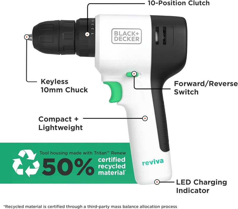 بلاك اند ديكر طقم مثقاب ريفايفا ١٢ فولت مع ٨٠ قطعة ملحقات، صندوق أدوات صديق للبيئة للتخزين ١٢.٥ بوصة، Revdd12Astb-Gb - Image 2