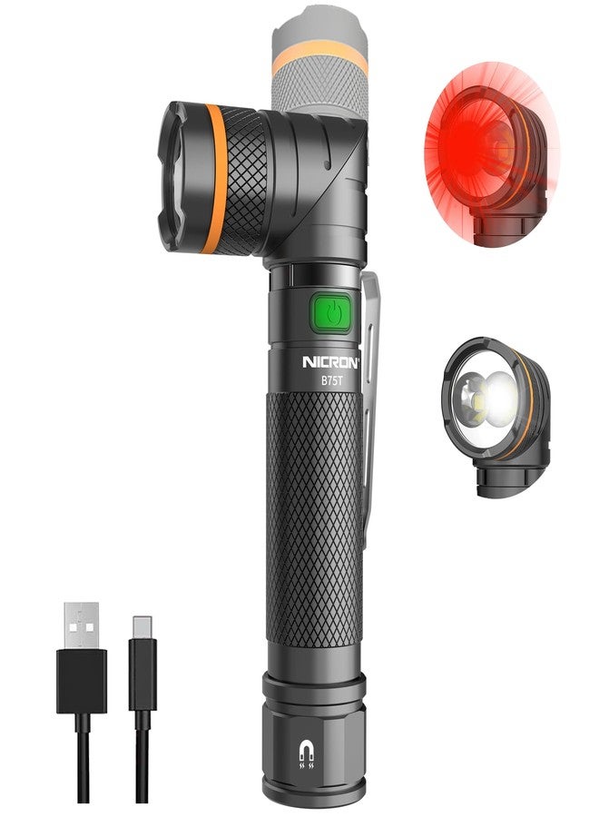 NICRON B75T LED Tactical Flashlight with Red White Dual Light, 90 Degree Rotating Head, Magnetic Base, Pocket Clip for Night Hunting, Camping, Emergency, Night Vision - Image 1