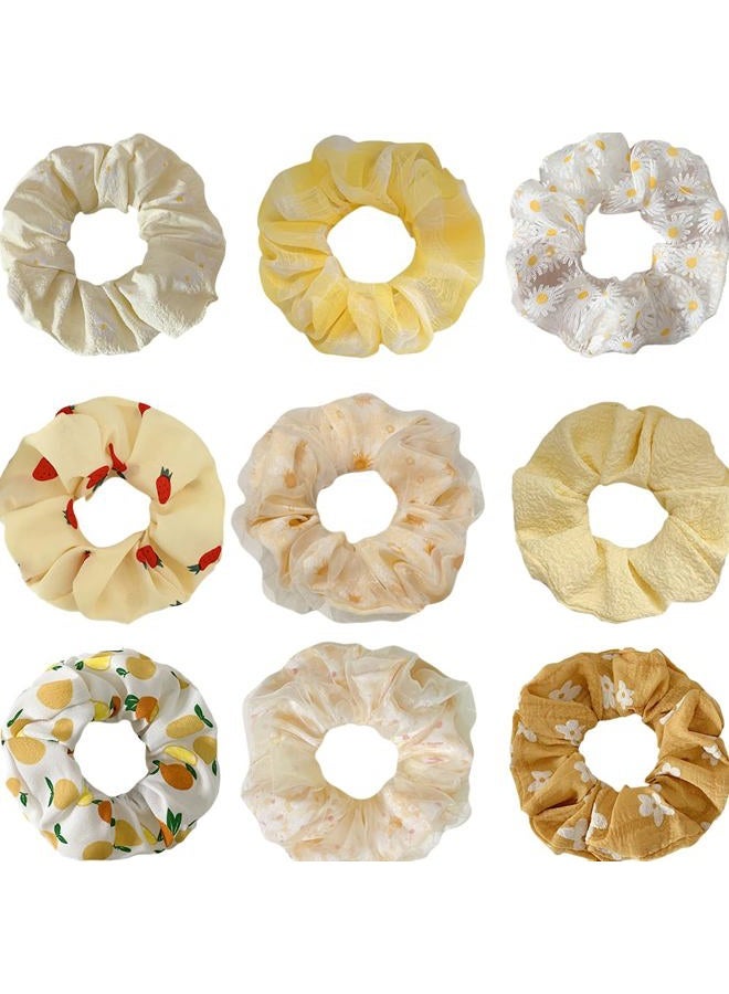 DINPREY Flower Fruits Scrunchies for Hair Yellow Elastic Hair Bands Ties, Glittery Daisy Flowers Pear Cherry Strawberry Hair Ties Ponytail Holders for Women Girls (yellow) - Image 1