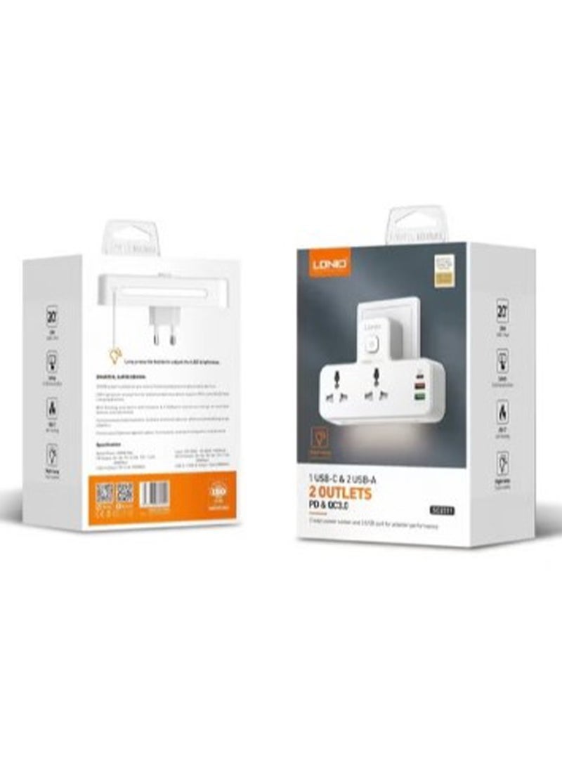 LDNIO - Power strip 2 ways power socket and 3 USB ( 2 USB-A / 1 USB-C ) port for a better performance with touch LED - rated power 2500W Max - SC2311 - Image 1