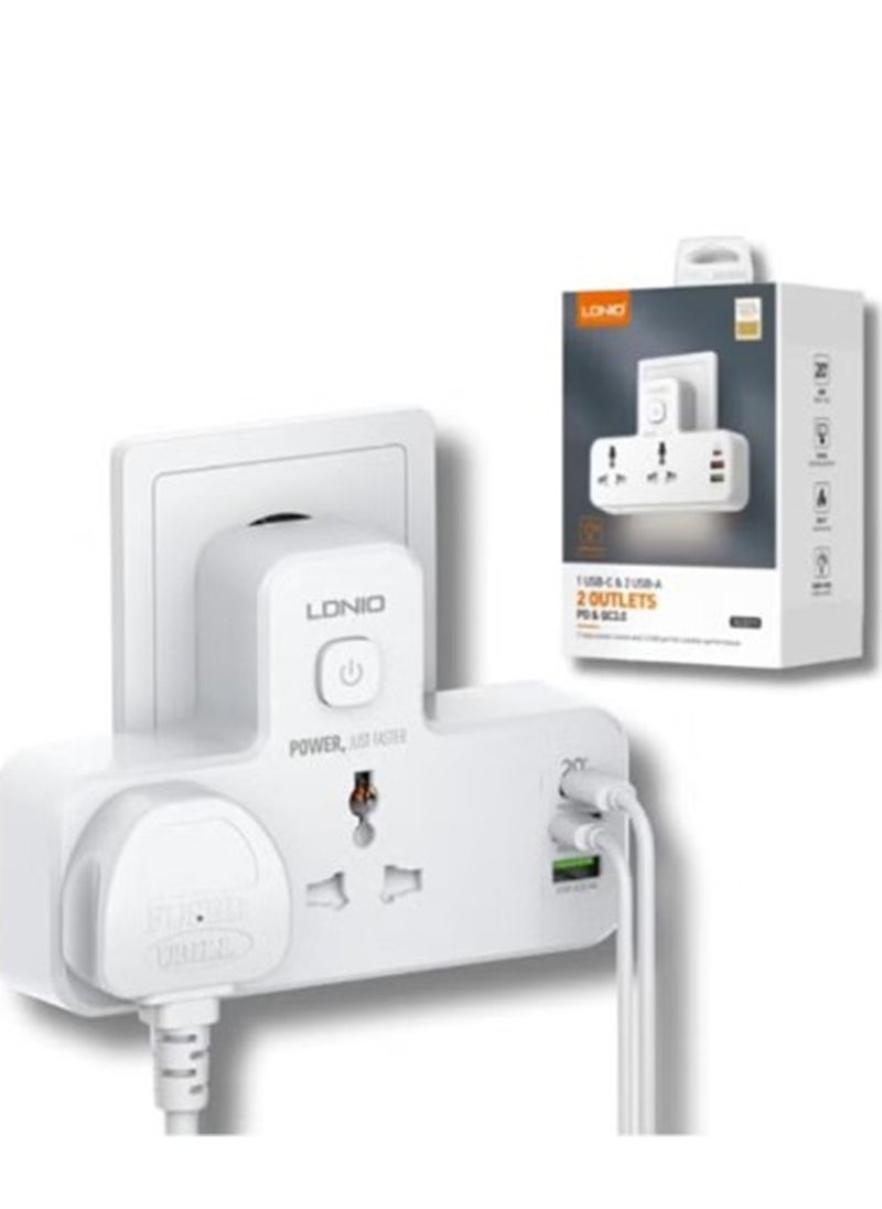 LDNIO - Power strip 2 ways power socket and 3 USB ( 2 USB-A / 1 USB-C ) port for a better performance with touch LED - rated power 2500W Max - SC2311 - Image 1